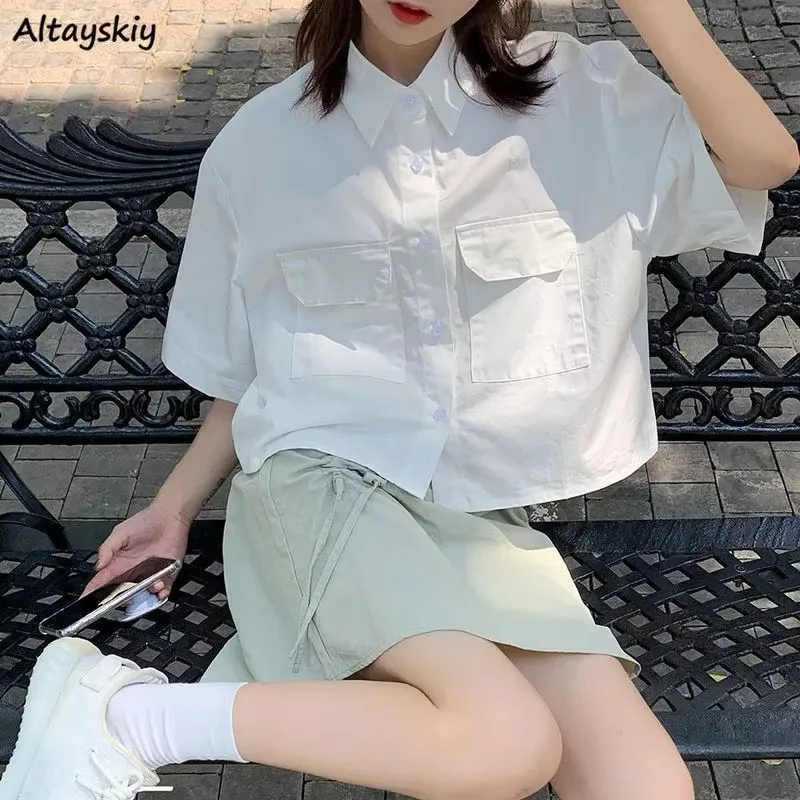 Shirts Women Solid Cropped Pockets Short Sleeve Preppy Cute Sweet Japan Style Simple Popular All-match Mujer Leiusre Fashion Ins