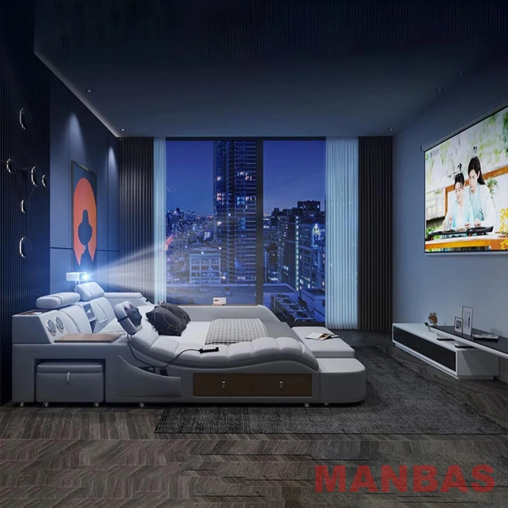 King/Queen Size Genuine Leather Bed, Modern Tech Smart Bed with Projector,USB, Speaker, Luxury Multifunction Bed, All In One Bed - view 3