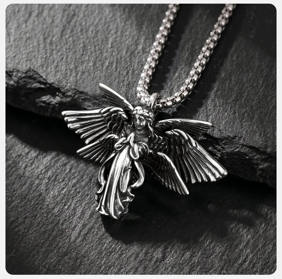 Vnox Edelstahl-Halskette mit sechs Engelsflügeln für Herren, dunkle Gothic-Biker-Kette, silberfarben, Punk-Schmuck, Geschenke – Detail 5