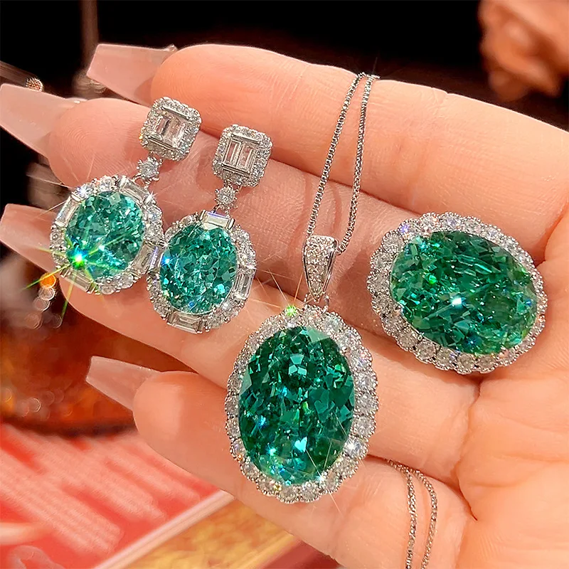 

Luxury Emerald Green Oval Cut Cubic Zirconia Jewelry for Women Adjustable Ring Necklace Dangle Earrings Statement Wedding Party