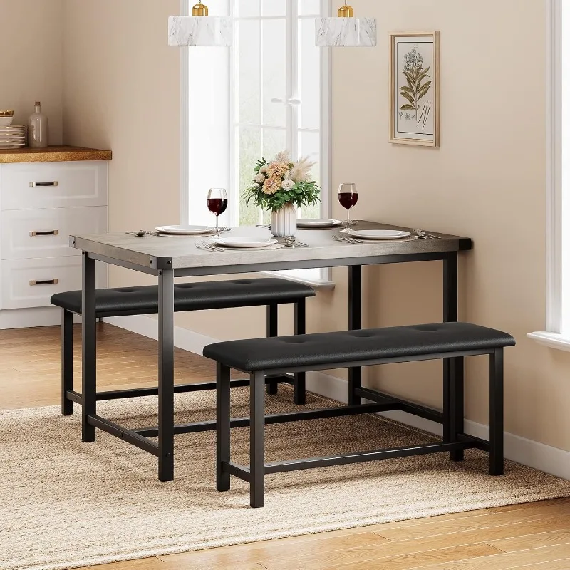 Kitchen Table Set for 4 with Upholstered Benches, Rectangular Dining Room Table Set for Small Space, Apartment, Studio