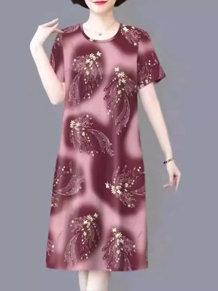 Ele Ice Silk ort Sve Print Dr for Middle-Aged And ly Women Loose Sle Faionable Mom Clothes with kets