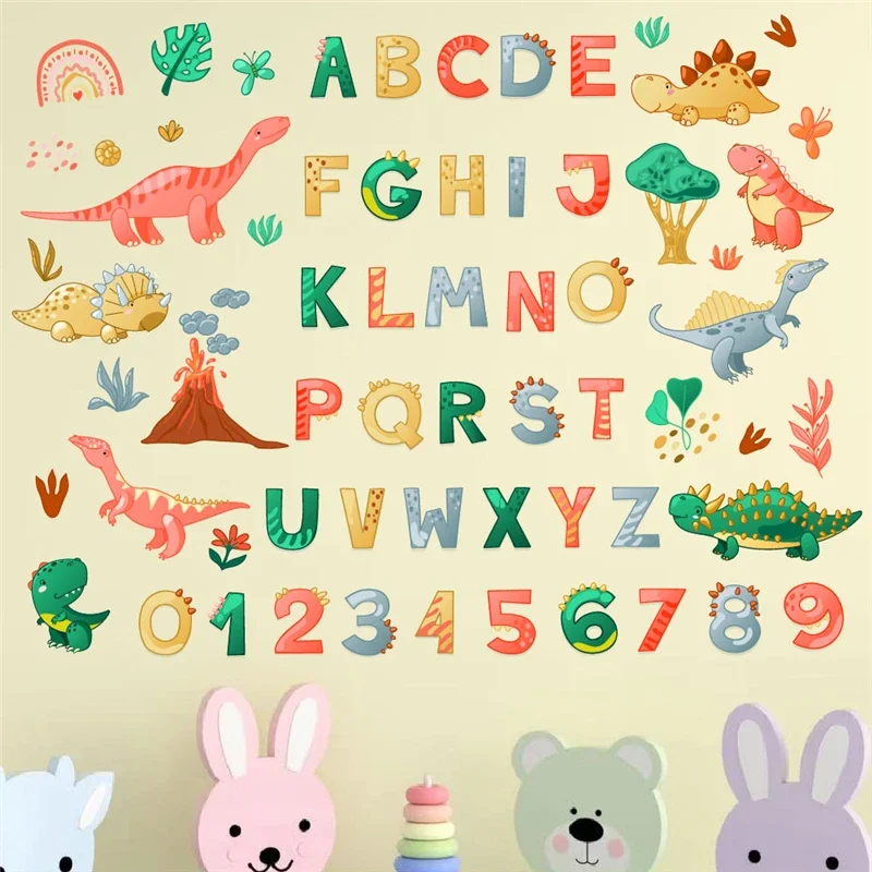 Study With Cartoon Dinosaurs Wall Stickers For Kids Room Decoration Numbers English Alphabet Mural Art Home Decal Nursery Poster