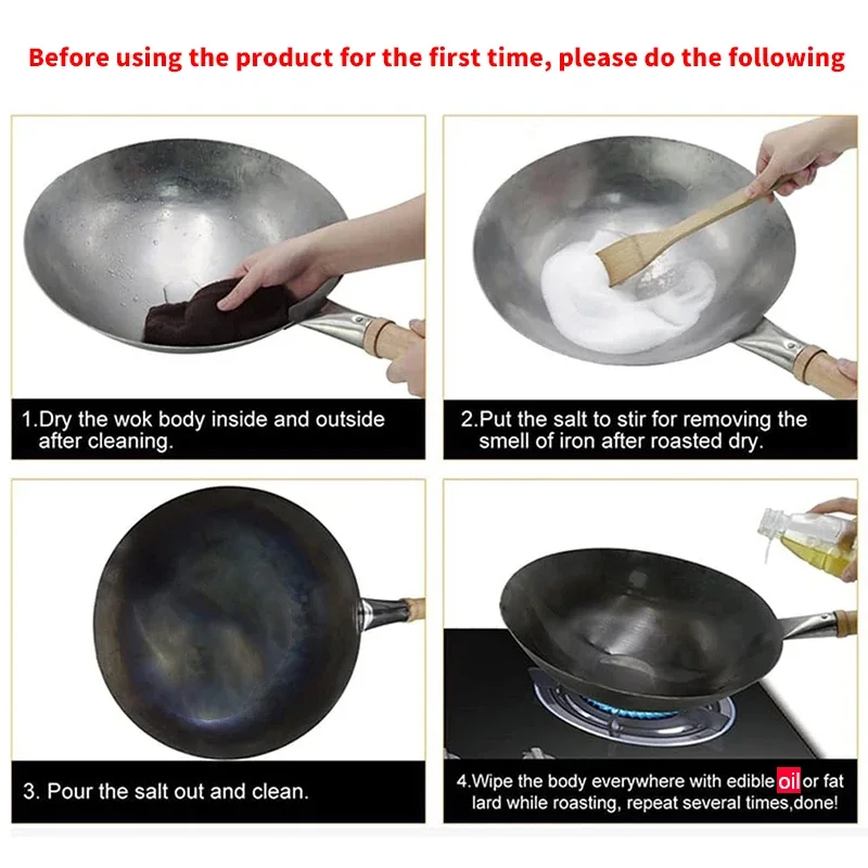 Iron Pot Household Frying Pan Traditional Hand Forged Without Coating Wooden Handle Old-style Non-iron Pot (30cm) image 4