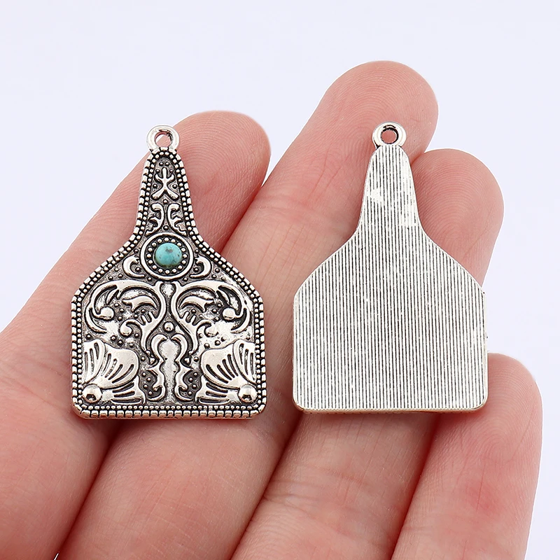 10Pcs Tibetan Silver Turquoise Cow Tag Charms Pendants for DIY Earrings Necklace Jewelry Making Findings Accessories 37x23mm