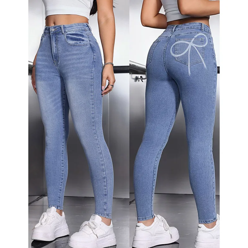 

Women Chic Printed Bow Slim Fit Jeans Hot Sale Girls Stretch Narrow Leg Trousers Lady Light Blue High Waist Denim Pants