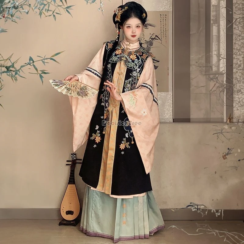 2025 الخريف الشتاء الصينية سلالة مينغ نمط فضفاض أنيق hanfu الوقوف طوق قميص طويل الحصان الوجه تنورة المطرزة hanfu مجموعة #4