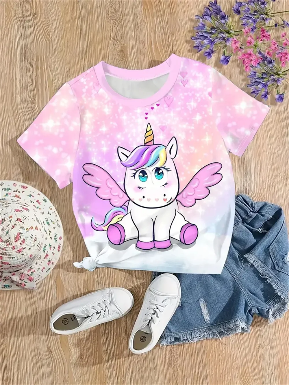 Camiseta infantil de manga curta estampada em 3D, tops casuais das meninas, roupas infantis, moda verão