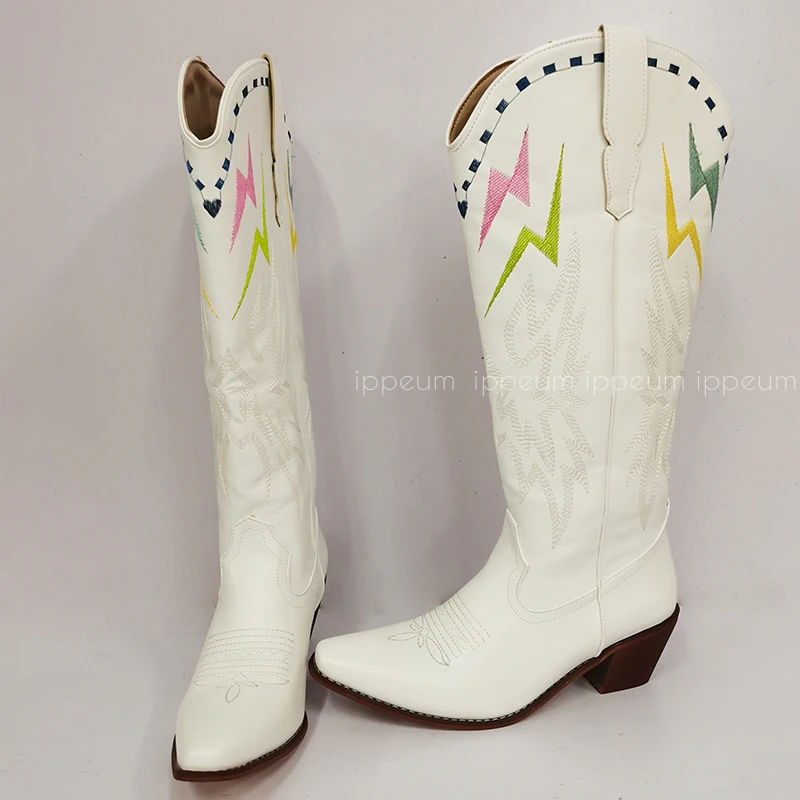 IPPEUM Black Knee High Western Cowboy Boots For Women Embroidered White Pointed Toe Shoes White Wide Calf Cowgirl Boots