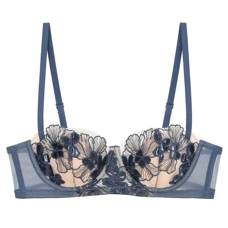 KUCLUTFrench Embroidery Big Chest Small Soft Underwire Thin Cup Pure Desire Sexy Underwear Bra Set with Breast Anti-sag Bra