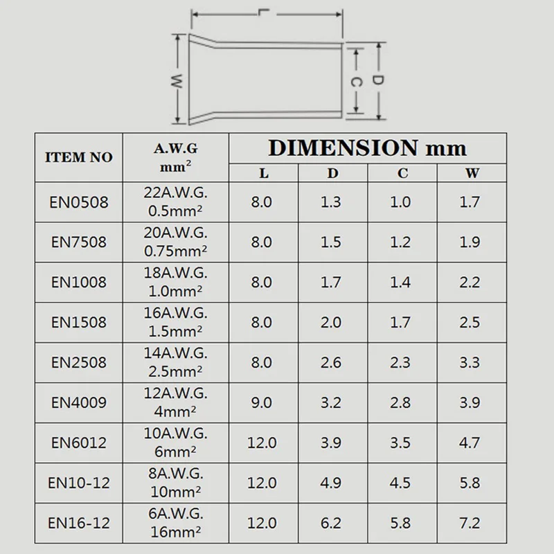 Pure Copper Non-Insulated Cord End Terminals Kit EN0508 EN1008 EN4009 Naked Wire Ferrules Crimp Terminals Wire Connector