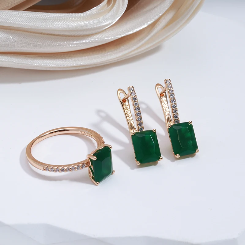 SYOUJYO Square Opal Dark Green Natural Zircon Rings For Women 585 Rose Gold Color Vintage Wedding Jewelry Luxury Big Stone Rings