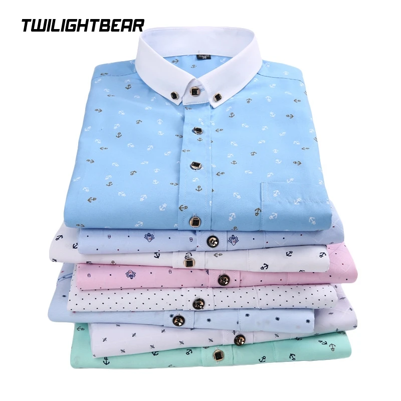 New Men's Shirts Oversized Anchor Printing Shirt Korean Business Office Shirt Men Clothing Camisa Masculina 38-44 A5H177