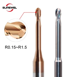 HRC60 2Flute Carbide Tungsten Steel Micro Diameter R0.15~R1.5 Long Neck Ball Milling Cutter For wtih Steel Aluminum Mini Endmill