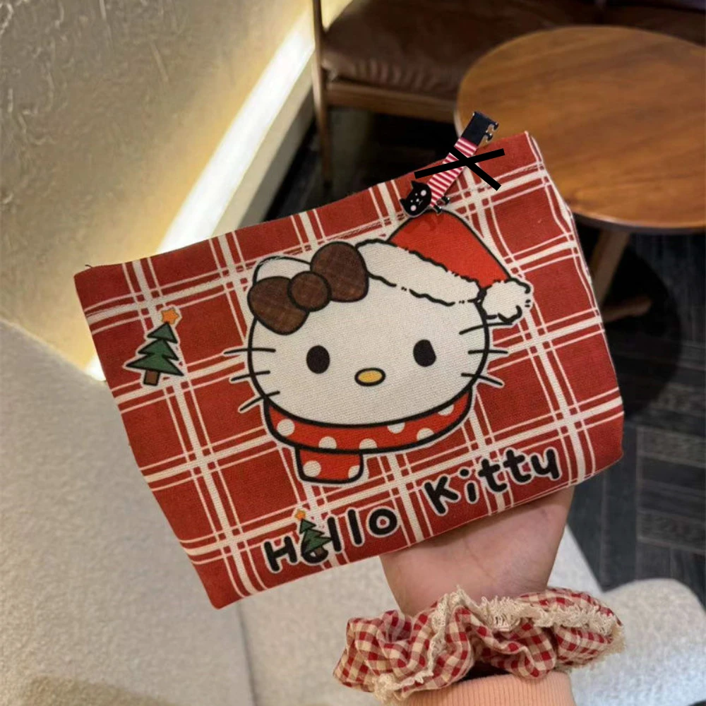 New Hello Kitty Makeup Bag Miniso Cute Red Christmas Large Capacity Handbag Portable Versatile Canvas Printed Toiletry Bag