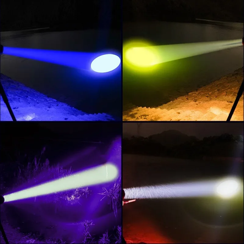 Powerful Night LED Fishing Flashlight Type-C Rechargeable Blue White Yellow Purple 4 Light Source Camping Handlamp with Bracket