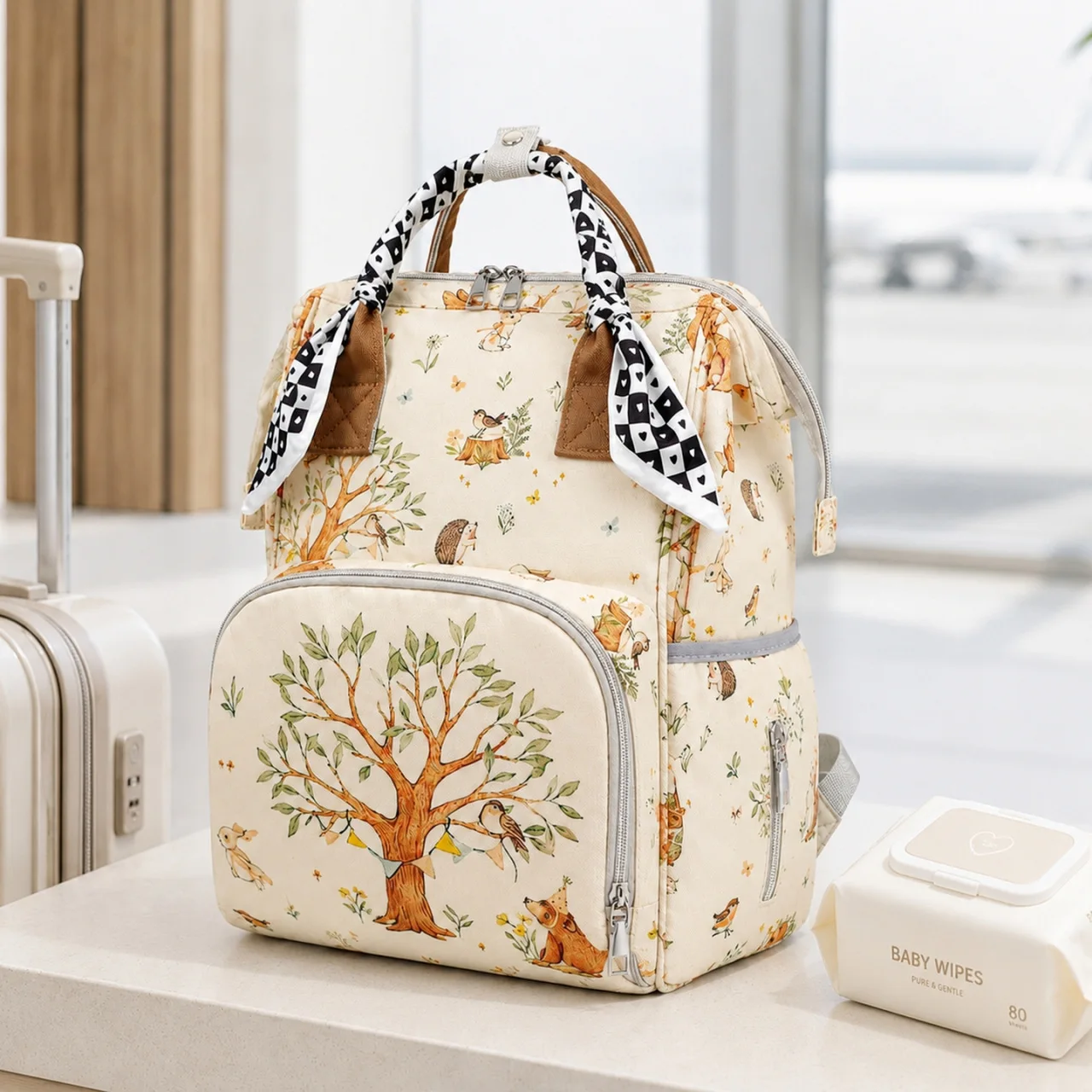 Forest Series Flower Print Mommy Handbag With Decorated Scarf  Double-shoulder Bags Lightweight Food Storage Pack For Outdoor