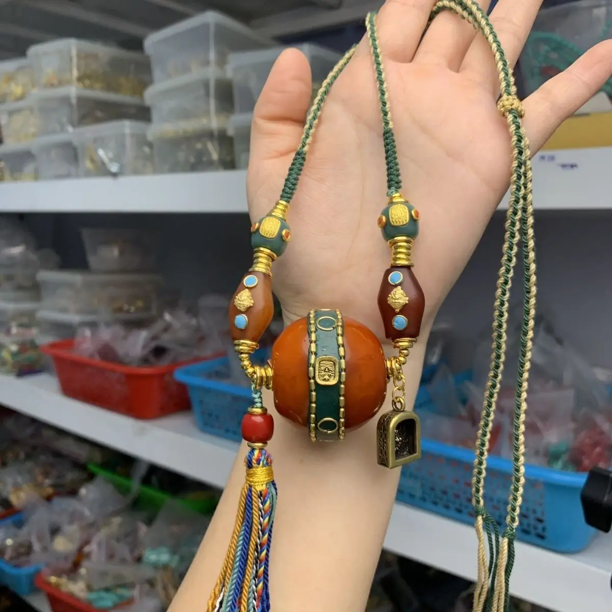Tibetan Style Woven Necklace Inlaid with Nepalese Style Handmade Beads for Wealth and Luck Hanging Ornament