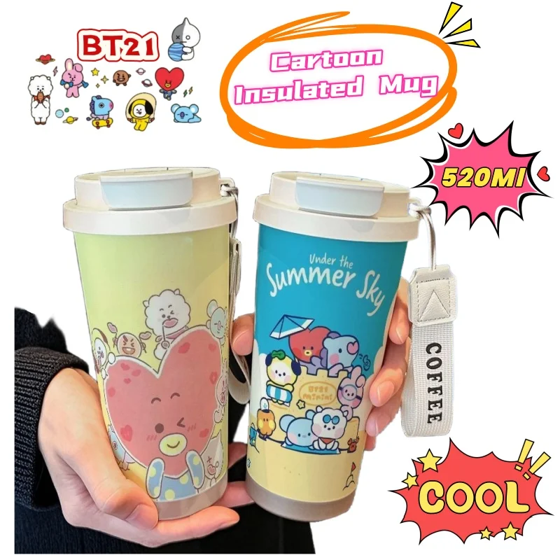 

BT21 Shooky RJ Cooky High Color Value Creative Student Stainless Steel Straw Thermos Cup Double Drink Large Capacity Coffee Cup