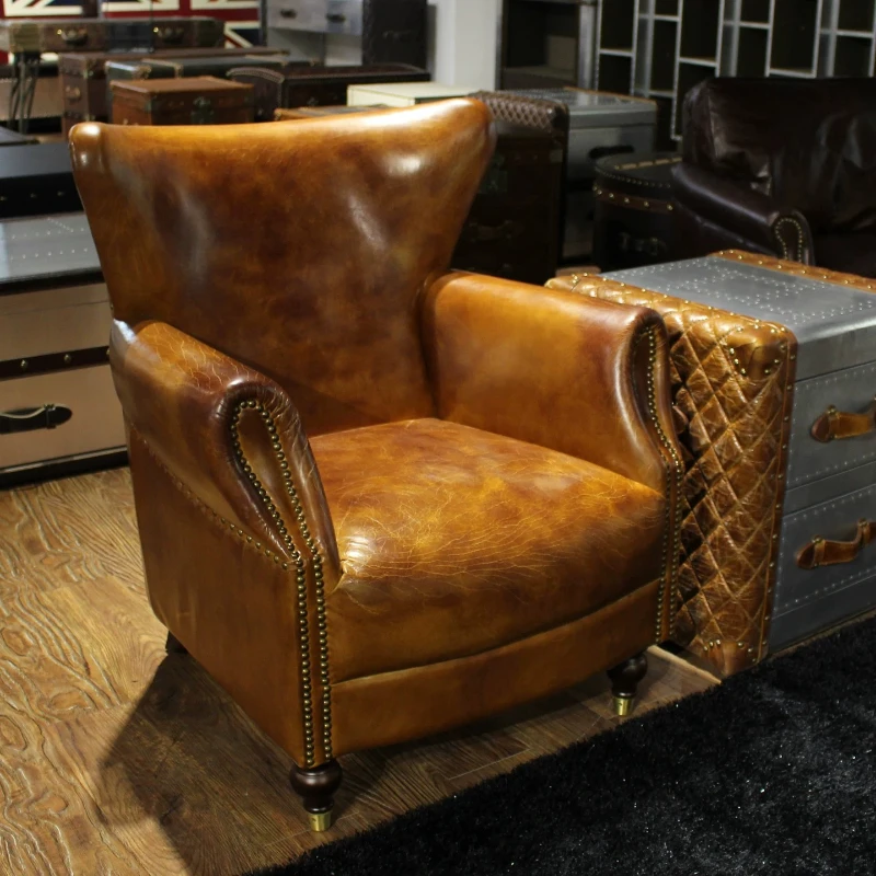 

Full leather sofa chair retro old oil wax leather tiger chair