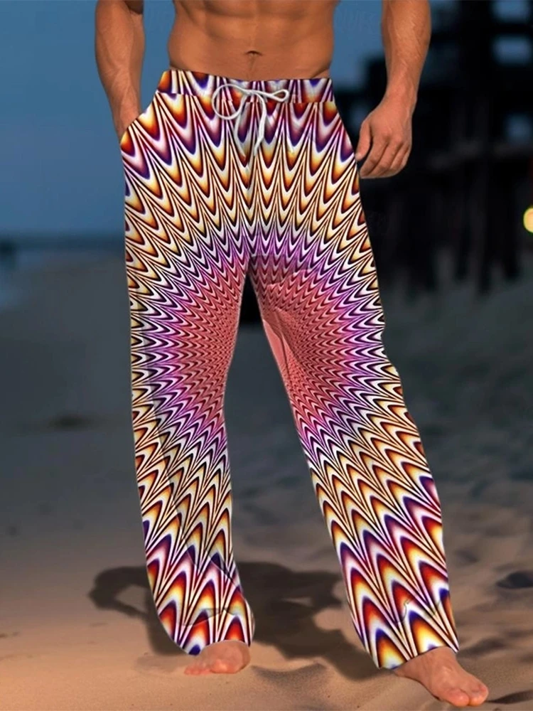 

Men's pants mid-waist elastic drawstring Hawaii Vacation Beach Straight leg pants Summer Spring 3D printing black yellow