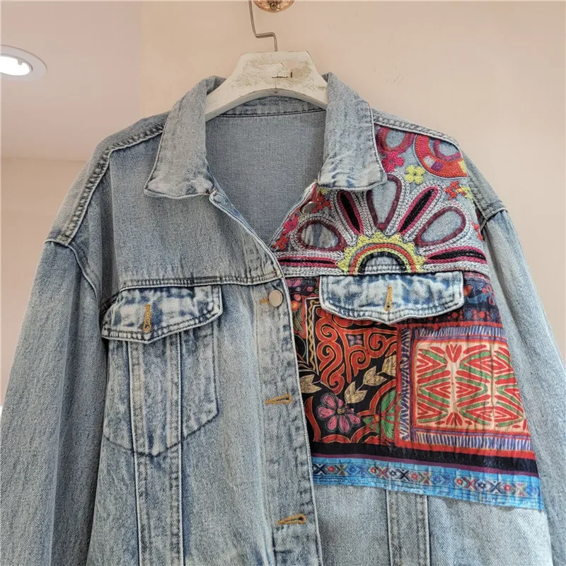 Vintage Blau Stickerei Verstärktes Denim Jacke Frauen Lose Kurze Cowboy Oberbekleidung Langarm Jeans Jacke Weibliche Chaqueta Mujer