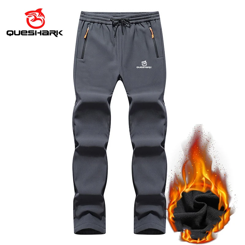 QUESHARK Men Fleece Windproof Waterproof Camping Hiking Pants Reflective Thermal Outdoor Sports Climbing Cycling Trousers