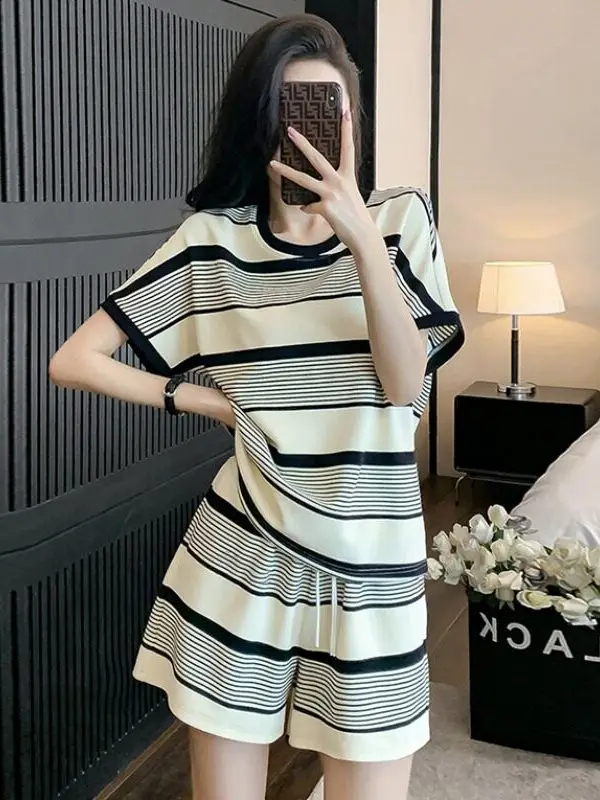 Fashionable Sporty Casual Women's Summer plus Size Slimming Meat Covering Short Sleeve Shorts Two Piece Set Comfortable Linen