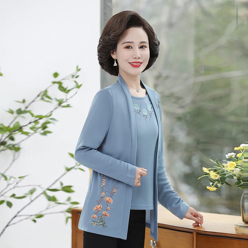 Fall Two Pieces Jacket+Tshirt Middle Age Mother Clothes Elderly Embroidery Cardigan flower Pullover Fashion Casual Women Top