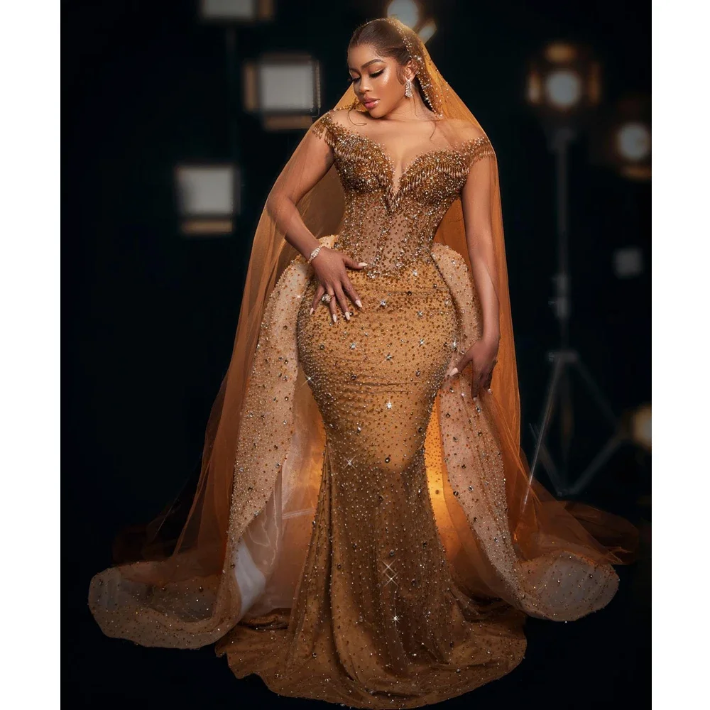 Gold Plus Size Evening Dresses Beaded Sequined Bridal Gowns Customized Tassel Sweetheart Detachable Train Vestidos de novia