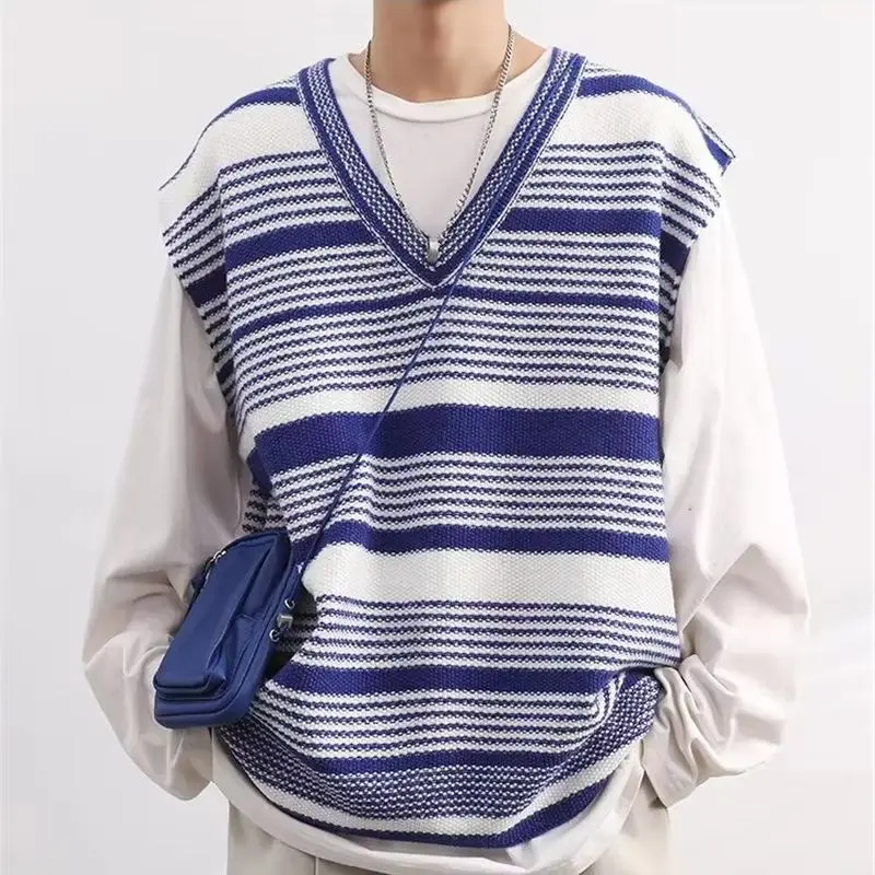 V-neck Striped Knitwear Men's Vest Autumn Pullover Sweater Sleeveless Blue Black