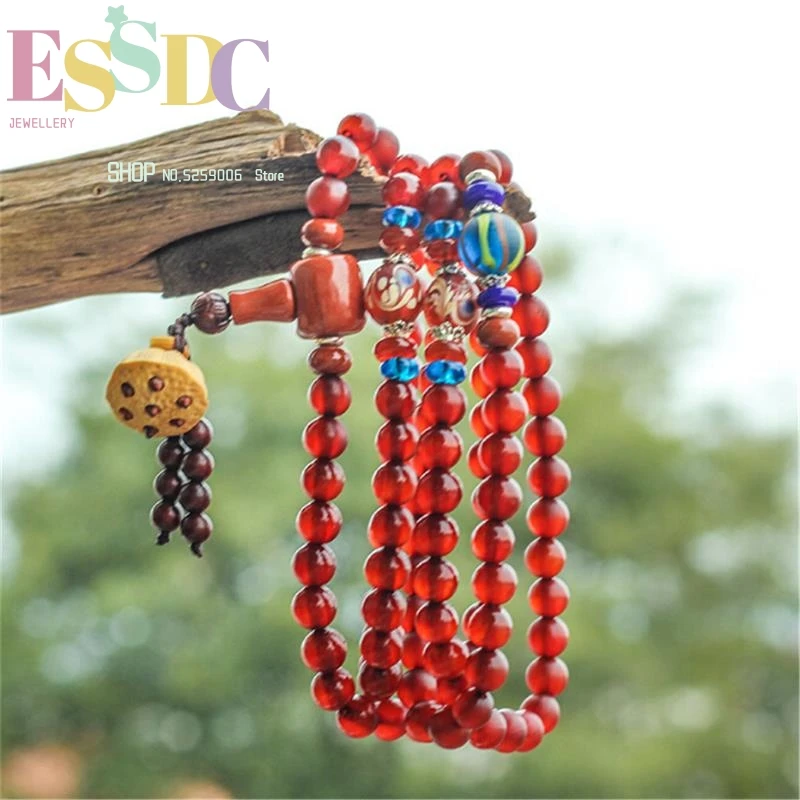 Classic Original Design Tibetan Natural Red Sheep Horn 108 Beads Bracelet with Lotus Pendant Mala for Fashion Women Wholesale