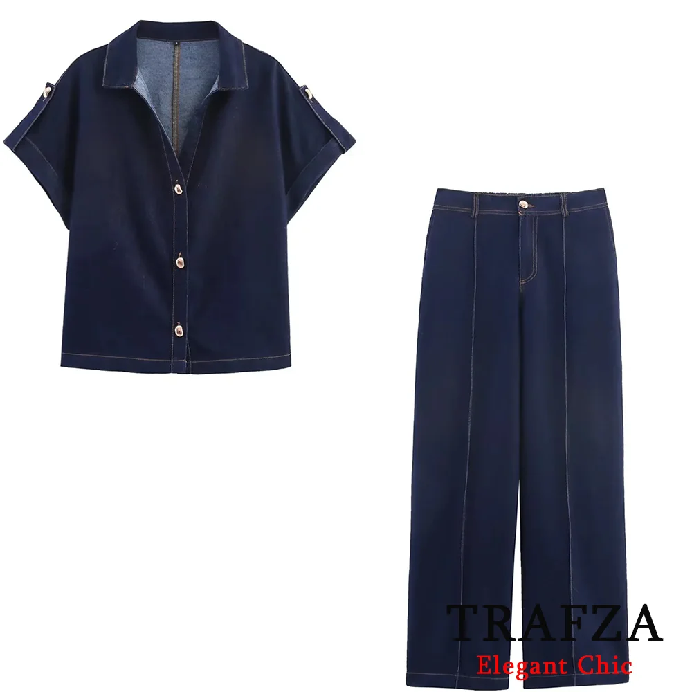 

Vintage Blue Autumn Women Short Sleeve Denim Shirt Long Sets Women Outfit Long Pants Fashion 2025 High Street Simple Lady Set