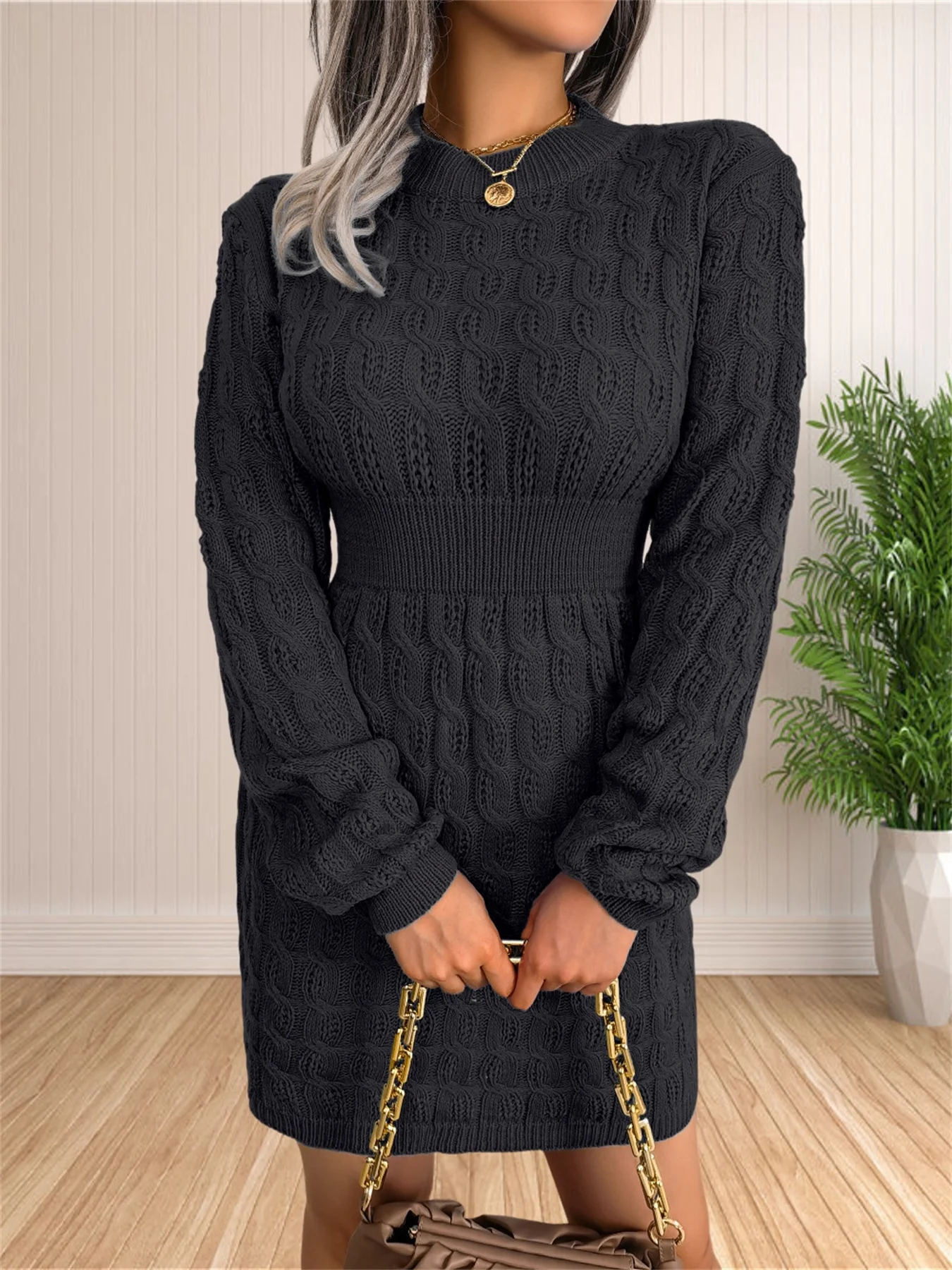 Women Skirt Sweater Dress Solid Color Long Sleeve Knit Pullover Sweater Bodycon Crewneck Autumn Winter