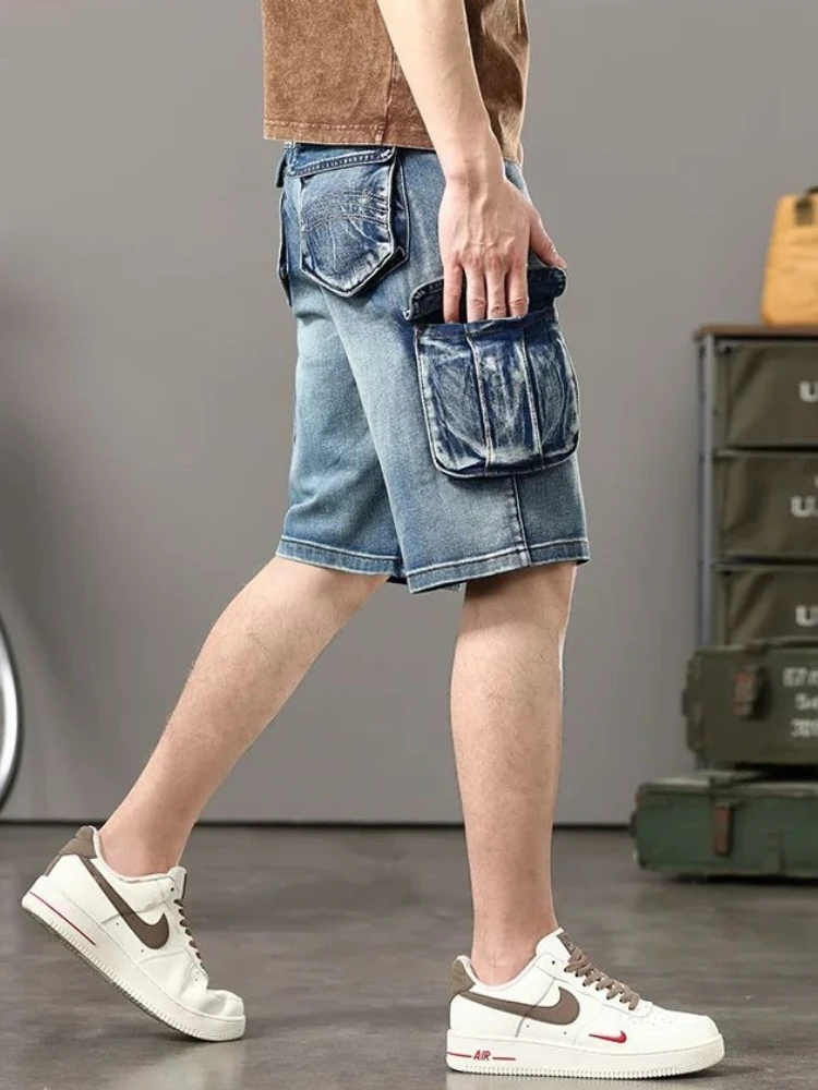 Men's Plus Size Workwear Denim Shorts American Vintage Inspired Multiple Pockets Summer Casual