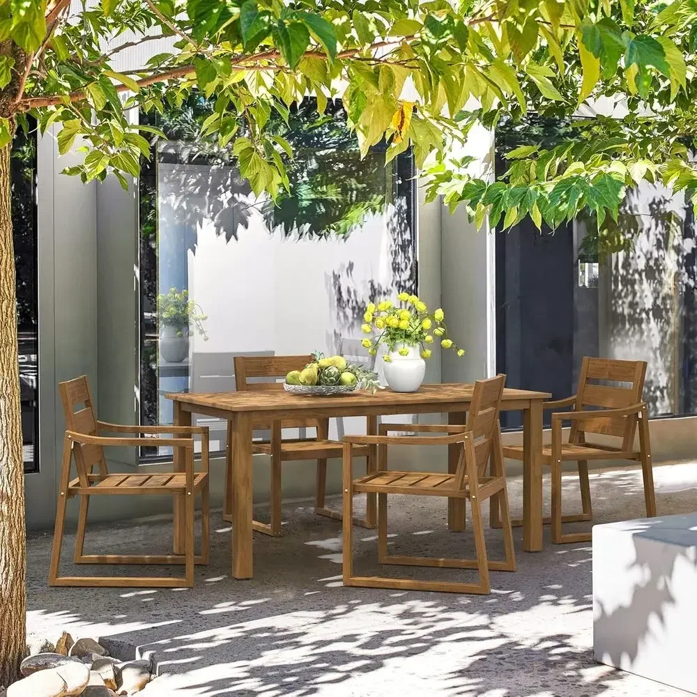 5-Piece Outdoor Dining Set, Patio Furniture for Deck, Poolside, and Backyard, Teak-Colored Oil-Printed