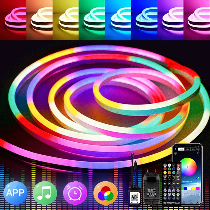 

24 В RGB Smar Неоновая светодиодная лента с приложением для удаленной синхронизации музыки, наружная водонепроницаемая цветная лента, лампа для ТВ, игр, вечеринки, сделай сам, стены в помещении