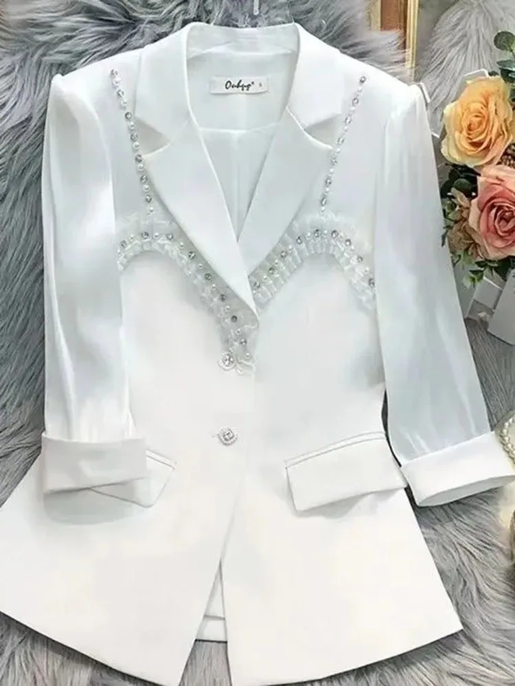 

Blazer Women 2022 Spring Summer New Fashion Single-breasted Beading White Suit Coat Three Quarter Sleeve Slim Small Blazers