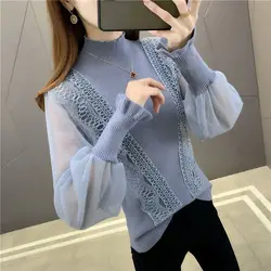 Autumn Winter Women's Solid Pullover Half High Neck Lace Sweater Gauze Ruffles Screw Thread Lantern Long Sleeve Knitted Tops