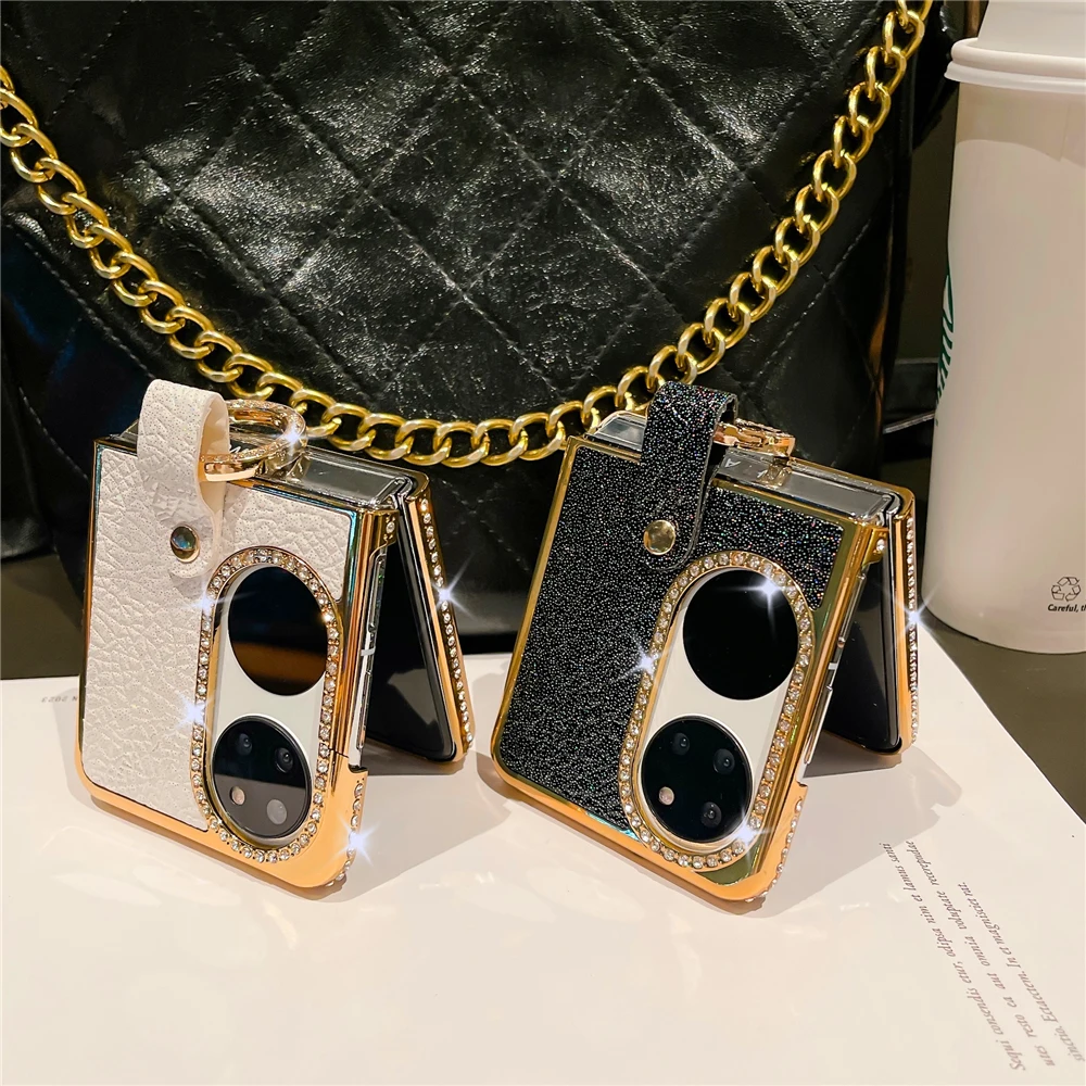 Fashion Woman Glitter Leather Case for Huawei P50 Pocket Case Luxury Plating Gold Bling Diamond Ring Hard Phone Cover Cases image 3