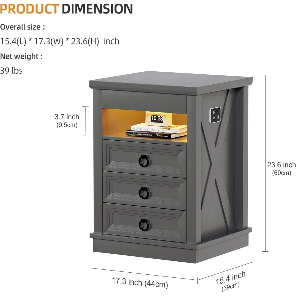 Lockable Gun Drawer Nightstand in 3 Colors with Dimmable LED and Charging Station, Bedside Table with Human Sensor
