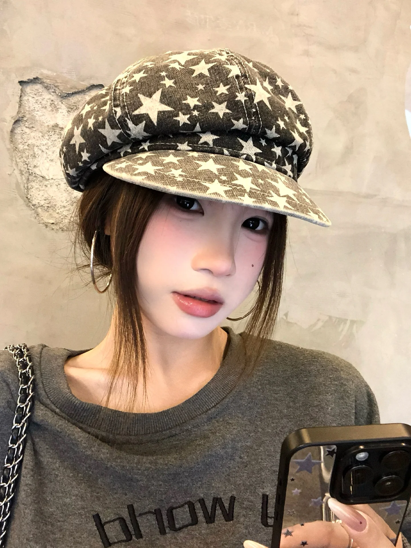 Korean Style Star Print Octagonal Beret Hat Women's Street Fashion Artist Caps Unique Design Versatile Wide Brim Retro Hats