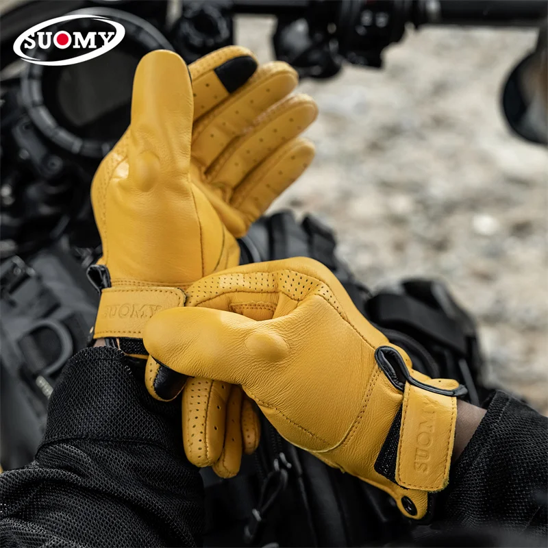 SUOMY Retro Motorcycle Gloves Men Genuine Leather Summer Breathable Sheepskin Riding Gloves for Women Bikers