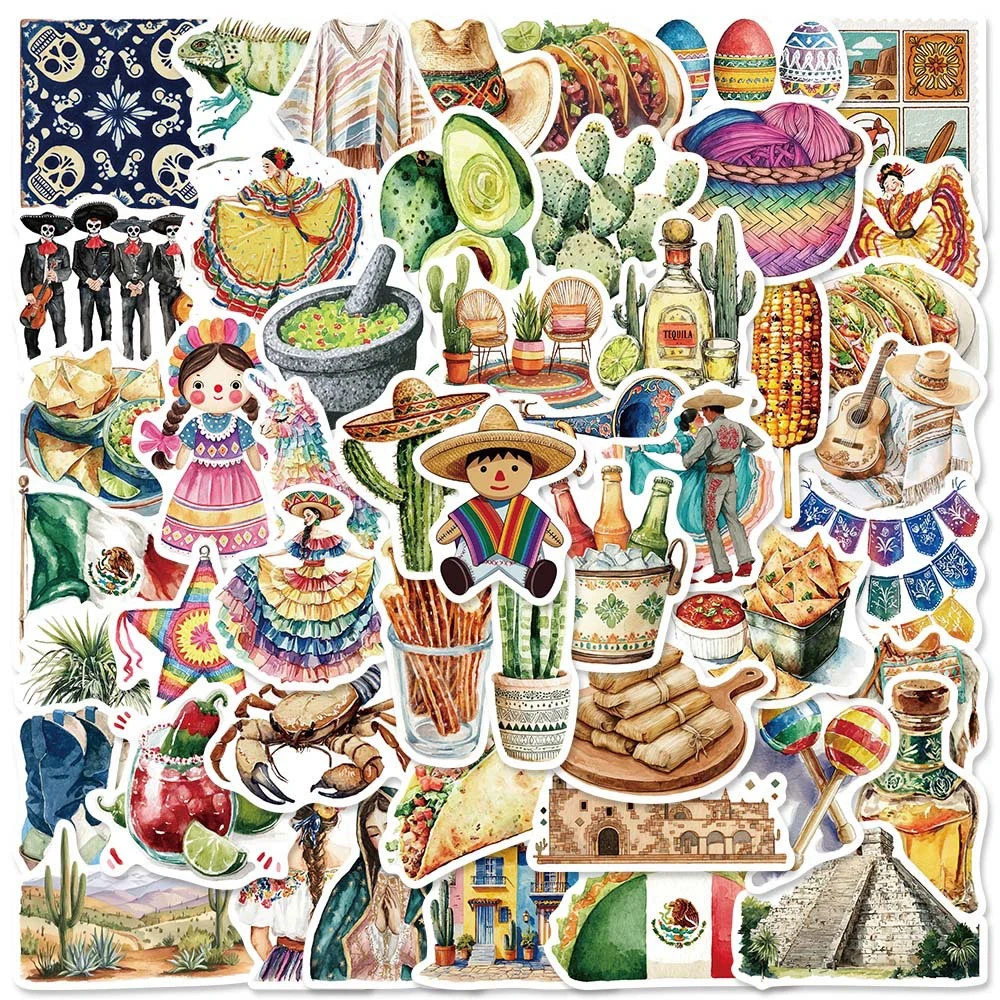 10/30/50pcs Vintage Watercolor Mexican Food Culture Stickers Funny Decoration Decals Luggage Notebook Aesthetic Graffiti Sticker