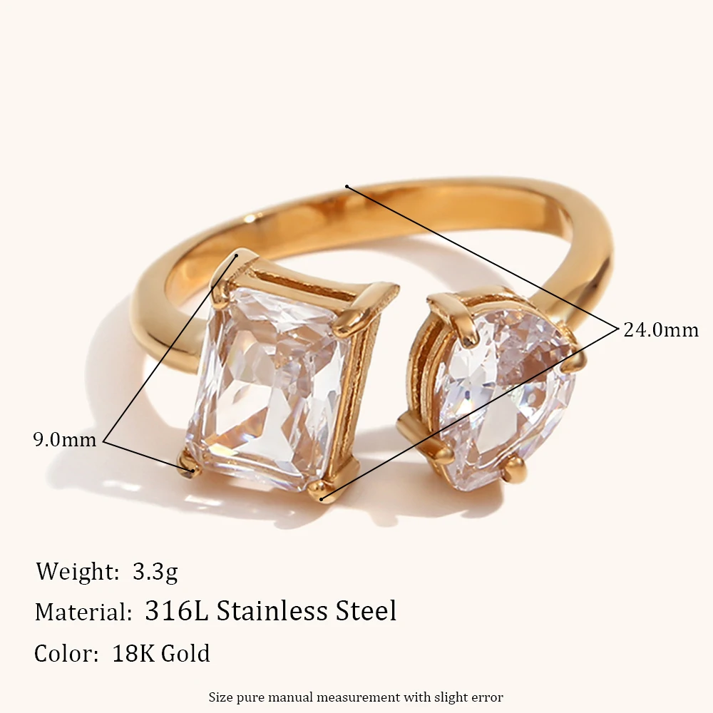 ل. Muses Waterdrop Square Zircon Open Ring Stainless Steel Finger Rings Women Fashion Daily Waterproof Jewelry and Accessories