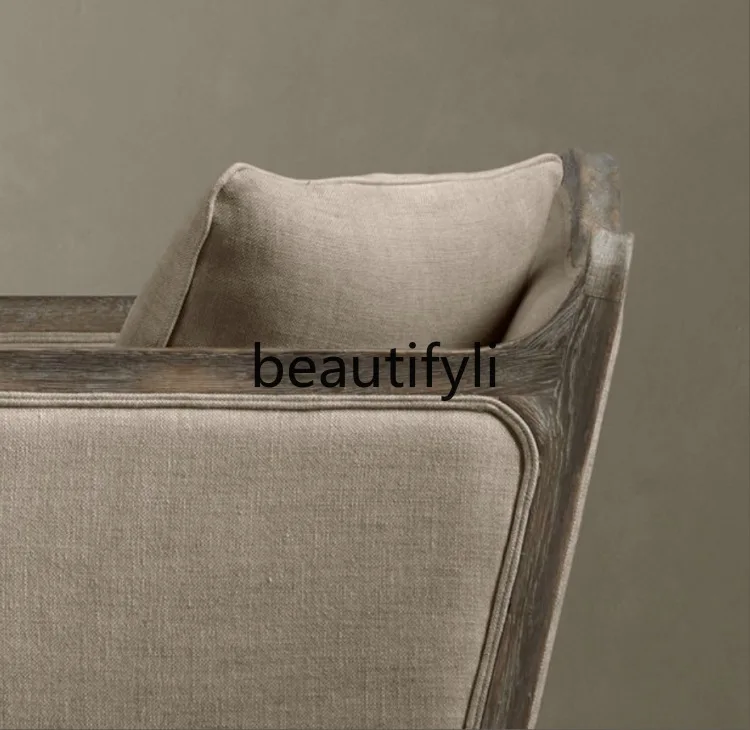 French Retro Solid Wood Fabric Sofa for Living Room Small Apartment American Country Style Oak Full Solid Wood