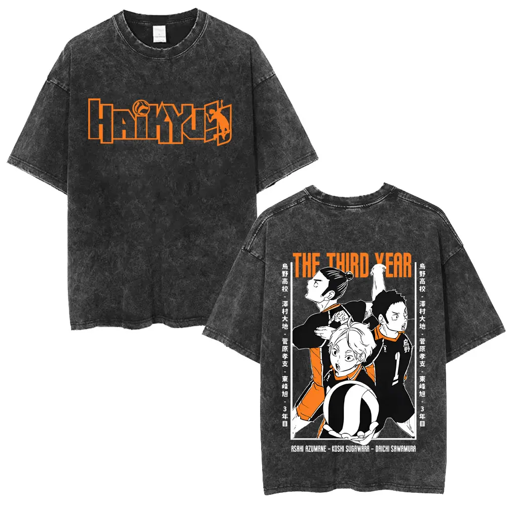 Washed Vintage Anime Haikyuu T Shirt Tsukishima Kei T-shirt Men Women Manga Oversized T Shirts Male Casual Retro Cotton T-shirts