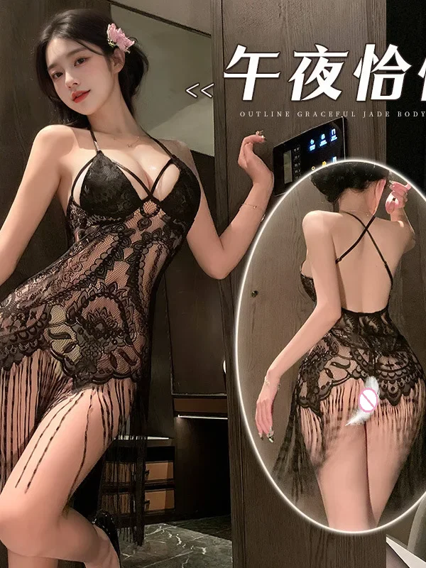 Midnight Tassel Perspective Sleeping Tank Mini Dress V Neck Hot Sexy Women Sheer Mesh Sexy Pure Desire Dress Elegant AXO7