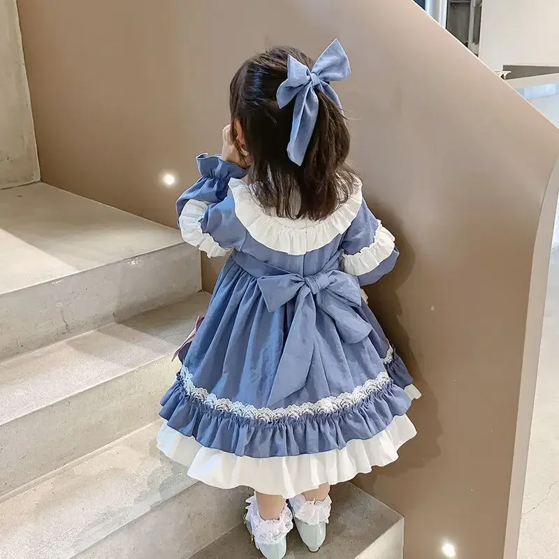 Robe Lolita à volants avec nœud bleu mignon pour filles, tenue Kawaii pour enfants, robe de princesse d'anniversaire, bébé doux, printemps, automne, 2-7 ans, 2023