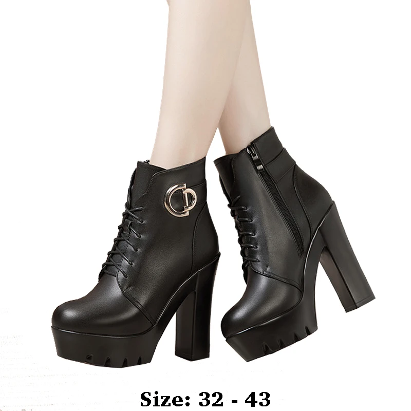 

Высококачественные короткие ботильоны для женщин, кожаные, на высоком каблуке 10 см, 13 см, на платформе, с круглым носком, 32, 33, осенне-зимняя элегантная обувь черного цвета